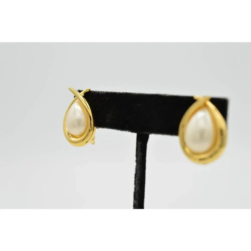 FO Vintage Earrings Clip Pearl Teardrop Gold Fernando Original Signed NOS 80s 9L